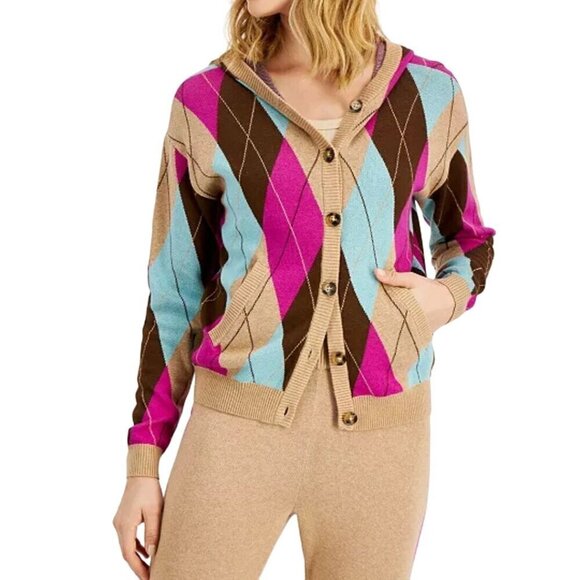 Charter Club Hooded Argyle Cardigan Sweater Tan Turquoise Pink Brown Size L - Picture 1 of 8